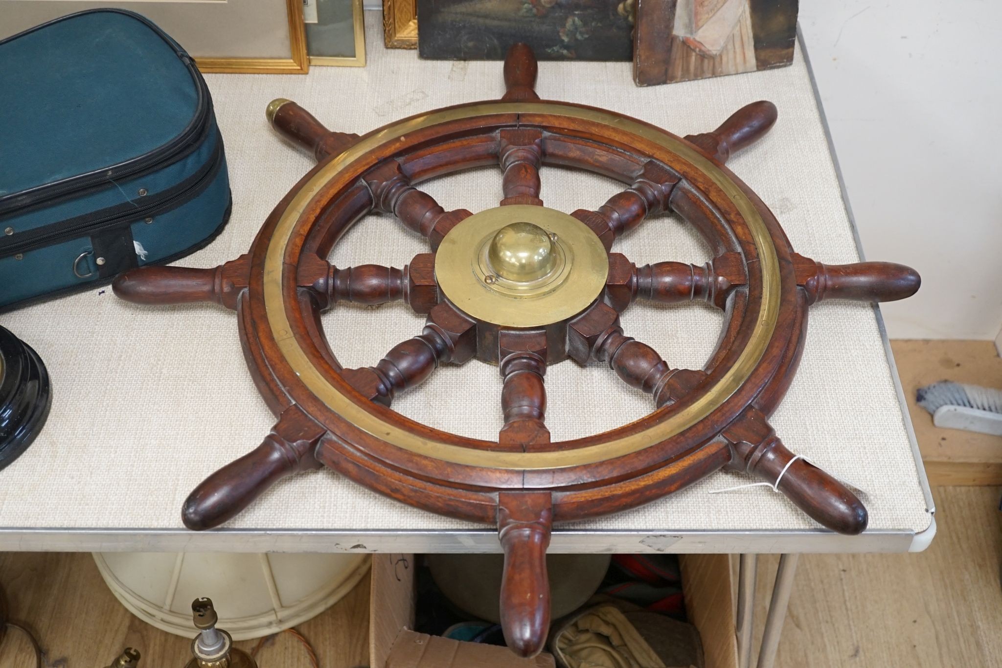 A 19th century mahogany and brass mounted ship's wheel 77cm